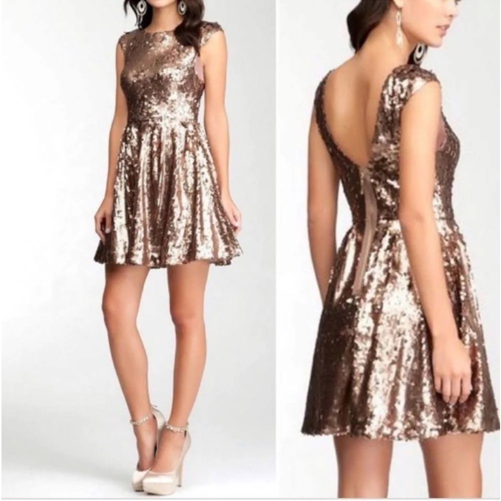 Bebe Bronze Low Back Sequin Cap Sleeve Mini Dress XS